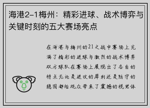 海港2-1梅州：精彩进球、战术博弈与关键时刻的五大赛场亮点