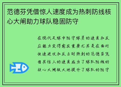范德芬凭借惊人速度成为热刺防线核心大闸助力球队稳固防守 范德芬凭借惊人速度成为热刺防线核心大闸助力球队稳固防守